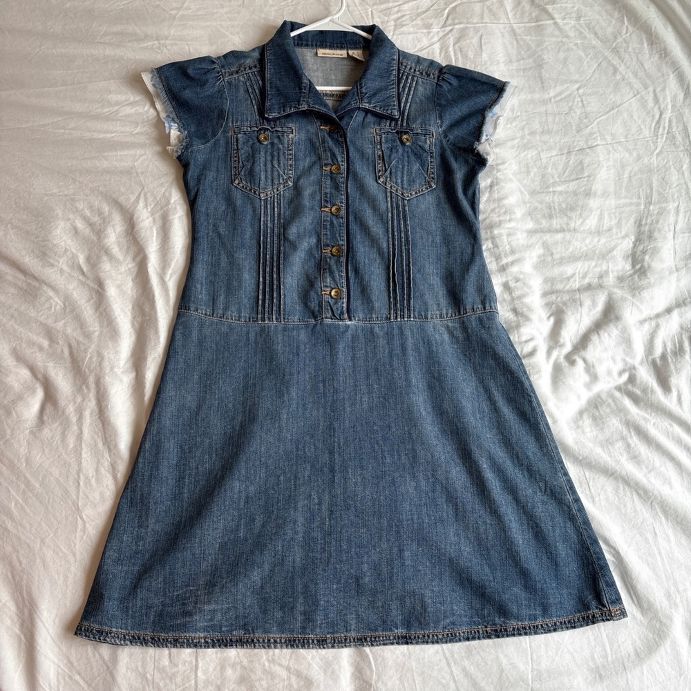 DKNY Jeans Vintage Y2K Denim Dress Blue Button Front Cap Sleeve Mini Large